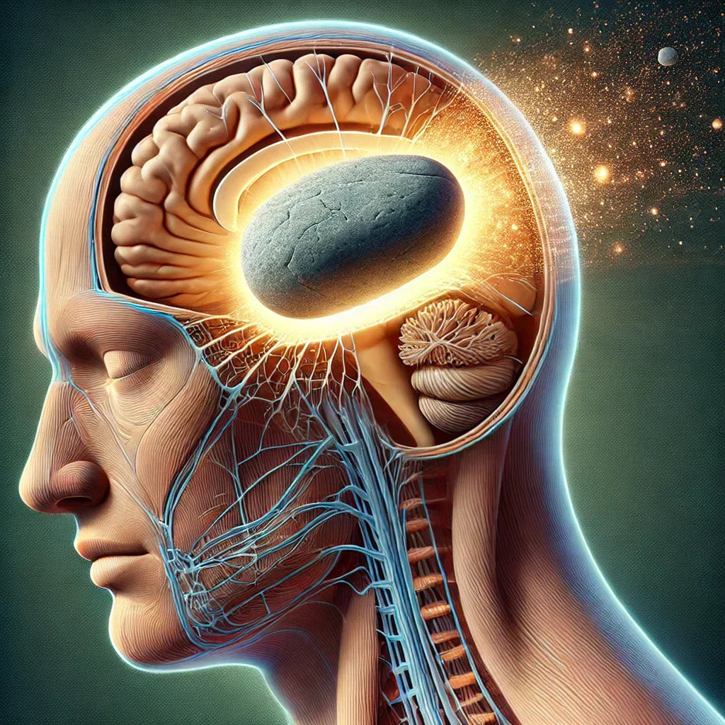 Realistic depiction of a stone rolling away from the pineal gland, symbolizing enlightenment and self-discovery. This scientific-themed image aligns with Rollga’s focus on wellness, mindfulness, and transformative personal growth
